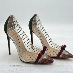 FSJ Olive Studded Pointed Toe Transparent Pump High Heels Shoe with Cute Bowknot
